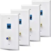 4 Packs Ethernet Coax Wall Plate Outlet with 1 Cat6 Port and 1 Gold-Plated Coax F Type Port RJ45 Wall Plates