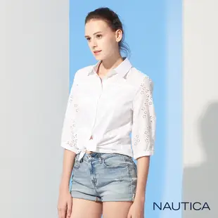 Nautica 女裝拼接蕾絲休閒七分袖襯衫-白