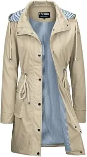 [YEABEDA] Womens Rain Jackets Waterproof with Hood Lightweight Raincoat Long Windbreaker Trench Coats Striped Lined