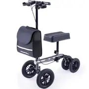 Equipmed Knee Scooter Walker, 10 inch Tyres Dual Brakes Bag - Broken Leg Ankle Foot Mobility - Crutches Alternative - Titanium colour