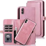 Cavor for iPhone Xs Max Wallet Case,2 in 1 Magnetic Detachable Case Leather Flip Cover with Stand Feature & Card Slots & Wristlet Strap (6.5")-Pink