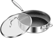 [DELARLO] Tri-Ply Stainless Steel 12 Inch Deep Frying Pan with lid 7QT Saute Pan Nonstick, Induction Compatible Chef Cooking Pan, Large Pan