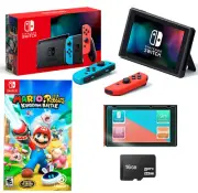 ⭐NEW Nintendo Switch NEON Bundle + Mario Rabbids GAME Joy Cons + 16GB + MORE⭐