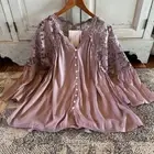 L New Purple Lace Feminine Flowy Button Front V-Neck Top Blouse Womens LARGE