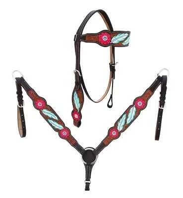Hand Painted Premium Quality Leather Headstall & Breast Plate Collar Set