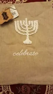 MUD PIE OATMEAL LINEN FRENCH KNOT EMBROIDERED MENORAH GUEST HAND TOWEL