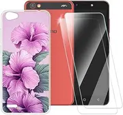 [ESACMOT] Pink Flowers Pattern Case Compatible with Tecno Pop 1 + [2 Pack] Screen Protector Tempered Glass, Shockproof Case Cover for Tecno Pop 1 Pro (5.5 inch)