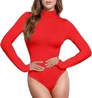 [Caihoyu] Red Solid Color Pure Plain long sleeve Bodysuits for Women Pack Adult Leotards for Women Cute Tops for Women Going Out Mock Turtle Neck, Color 4, X-Large