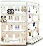 Jewack Wooden Foldable Jewelry Display Stand with Removable 32 Hooks, Earring Cards necklace bracelet Keychain Showcase Merchandise Organizer For Selling For vendor events(White)