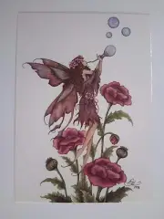 PINK Bubble Poppy FLOWER Faerie FAIRY POSTCARD ART PRINT BY AMY BROWN