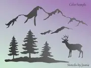 Joanie Lg Stencil Snowy Smokey Mountain Range Pine Tree Deer Rustic Lodge Cabin