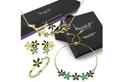 Boxed Petalia Olive Green Jewellery Set Embellished with SWAROVSKI Crystals in Gold