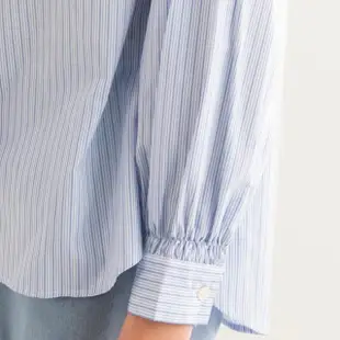 【Arnold Palmer 雨傘】女裝-優雅荷葉拼接直條紋長袖襯衫(藍色)