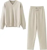 [Generic] Women Sweater 2 Piece Set V-Neck Split Knitted Pullovers Drawstring High Waist Wide Leg Pant Lounge Set Tracksuits