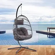 XIAO WEI Egg Chair with Stand - Patio Rattan Wicker Hanging Swing Egg Chair Hammock Chair for Indoor Outdoor Bedroom Garden - Aluminum Steel Frame and UV Resistant Cushion 350LBS Capacity (Dark Grey)