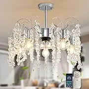 Jaycomey 20in Ceiling Fans with Lights,Modern Fandelier Ceiling Fan with Light and Remote,Bladeless Crystals Chandelier Ceiling Fan for Bedroom Kitchen Living Room(6 Speed, Timing)-Chrome