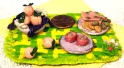 6pc Clay Dollhouse Mini British Picnic, Blanket, Peaches, Sushi, Olives