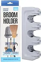 White Magic Broom Holder, Regular – Compact Tool Organizer with 3 Rubber Grip Slots & 4 Hooks, Wall-Mount Storage for Indoor/Outdoor Brooms, Mops & Tools, 5kg Capacity per Slot