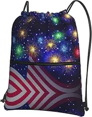 EdWal Firework American Flag 4th Of July Print Drawstring Backpack Gym Bags Sports Bags With Zipper Pocket For Travel Beach, Black, One Size
