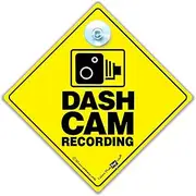 Dash Cam Recording Car Sign, CCTV In Car Recording Sign, Baby on Board Sign Style, Novelty Car Sign, Suction Cup Car Sign in Yellow and Black 14cm x 14cm