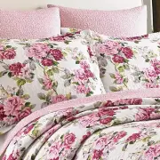 NEW! ~ COZY COTTAGE CHIC SHABBY ROMANTIC PINK ROSE IVORY GREEN LEAF QUILT SET