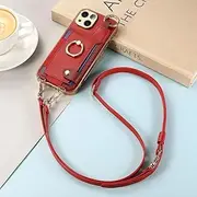 Case for iPhone 13 Pro Plating Phone Case Wrist Strap Ring with Long Lanyard Short Hand Rope Pu Leather Cover(for iPhone 13 Pro/Red)