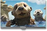 [VFMKT] Slim Metal Business Card Holder Portable Business Card Case Pocket Name Card Holder Lovely Sea Otter Print Wallet for Men Women Office Travel