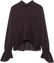 [Sweejim] Women Fashion Back Bow Lace Up Ruffled Pullover Blouses Vintage O-Neck Long Sleeve Shirts