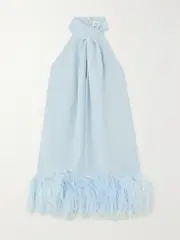 [16ARLINGTON] 16ARLINGTON - Cynthia Feather-trimmed Crepe De Chine Halterneck Mini Dress - Light blue - UK 8 UK 8 Blue