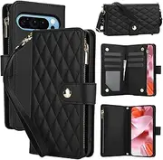 [YocoverTech] for Google Pxiel 7 Pro 5G Case,for Pixel 7 Pro Flip Case,6 Card Holders +1 Cash Slot Wallet Cover Magnetic Folio Closure Purse with Wristlet Crossbody Lanyard-Black