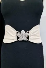 Women Wide Waist Elastic Cream & White Belt With A Rainstone Star Buckle