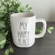 NEW RAE DUNN MY HAPPY PLACE COFFEE TEA TWO SIDED MUG FARMHOUSE WHITE