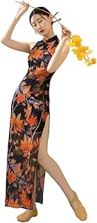 [ROYAL SMEELA] Cheongsam Traditional Chinese Dress Women's Mesh Chinese Cheongsam Qipao Dresses for Women Prints Sleeveless Cheongsam Long Dress Women's Chinese Style Qipao Dresses Black
