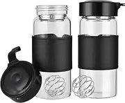 TELAIN Small Glass Shaker Bottle Shake Cup, BPA-free, odourless, with 304SS Mixing Ball and Detachable Cleaning Brush for Fitness and Protein Shakes, Black, 2 Pieces