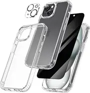 Maxdara for iPhone 15 Case, [3 in 1] iPhone 15 Clear Case with Privacy Screen Protector Anti-Peep and Camera Lens Protector Slim Thin Shockproof Case for iPhone 15 (Clear+Privacy)
