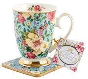 Floral Garden Powder Blue Flowers Decorative Botanical Mug & Coaster Set 360ml