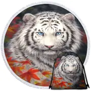 Wildlife Animal Art Autumn White Tiger Round Beach Towel