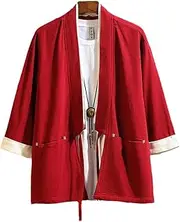 [Souchi] Men Cardigan Japanese Kimono Men Costume Clothing Kimono Jacket Mens Kimono Shirt Yukata Haori Casual Coat Burgundy Cardigan 5XL