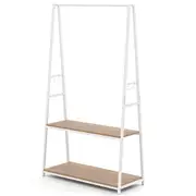 Giantex Clothes Rack Metal Frame Coat Hanging Rod w/Shelves & Hooks Industrial Storage Shelf Natural
