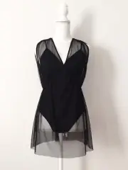 NWT TopShop Tulle Overlay Bodysuit Sheer Blouse Size2 Black Mesh V-Neck Ruching