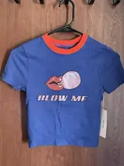 Urban Outfitters BLOW ME blue Bubble Fun Kiss Adult Humor Cropped Top Shirt S