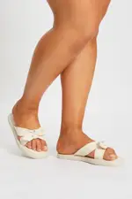 White Plus Bow Tie Detail Flat Sliders