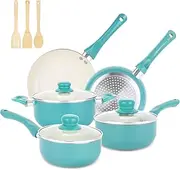 [M MELENTA] Pots and Pans Set Nonstick, 11pcs Kitchen Cookware Sets Induction Cookware, Ceramic Non Stick Cooking Set, Stay Cool Handle & Bamboo Kitchen Utensils, 100% PFOA Free, Turquoise, HC2023-11F