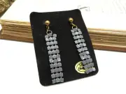 Retro Gray Enamel Mesh Gold Tone Dangle 80s New Old Stock Earrings D60