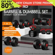 BLACK LORD 40kg Dumbbell Set 6in1 Adjustable Barbell Kettlebell Home Gym Fitness