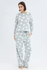 Grey Print Fluffy Pj Mint Cloud Print Cosy Pyjama Set - Size L, Women's Pj Set