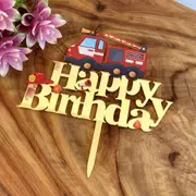 Gold Acrylic 'Happy Birthday' Red Fire Truck Cake Topper