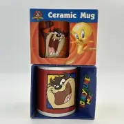 Pair Vintage 90s Looney Tuned Tasmanian Devil Taz Ceramic Mugs Boxed NOS Prop