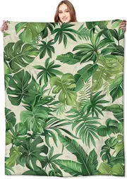 Tropical Green Leaves Blanket Lush Botanical Leaf Throw Blankets with Plant,Birthday Gifts for Girls Women & Nature Lovers,Lightweight Soft Fleece,...