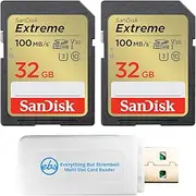 SanDisk Extreme 32GB 2 Pack SD Memory Card Works with Digital Camera, Computer, and Trail Cameras (SDSDXVT-032G-GNCIN) Bundle with Everything But Stromboli Micro & SD Card Reader & Micro Fiber Cloth